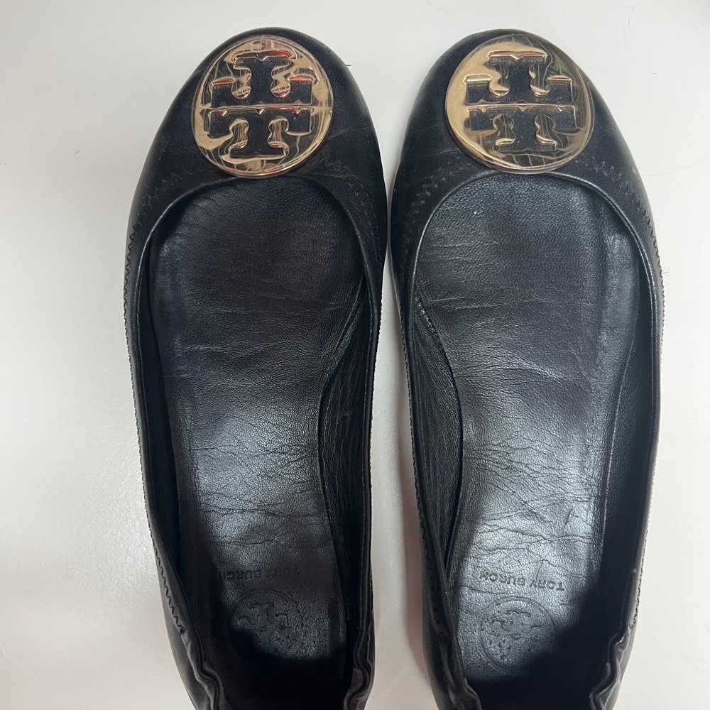 Tory Burch Black Flats with Gold Logo